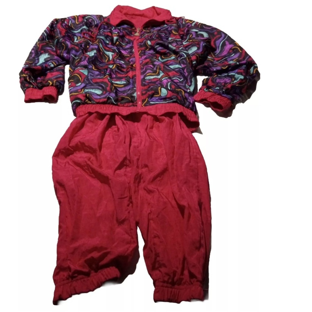 90s VTG Casual Isle Windbreaker Warm Up Track Suit Set Jacket Pink Geometric Med